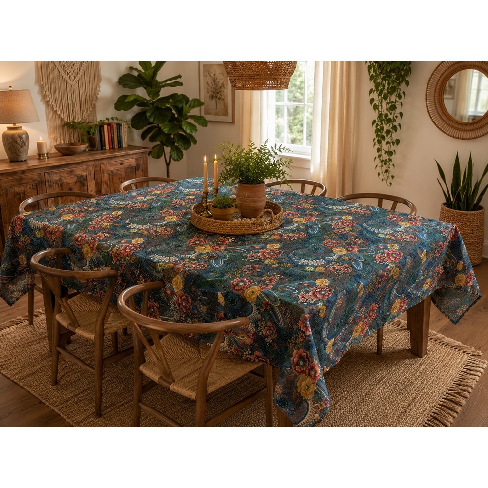 Vintage Handmade Floral Paisley Tablecloth Teal Orange 90X128 Rectangle Boho